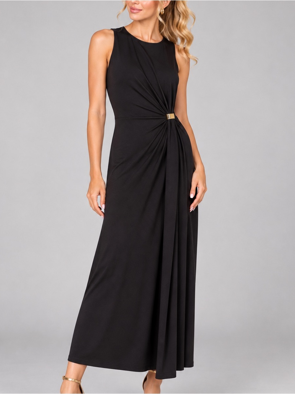 🆕🌟 Vince Camuto PL Black Sleeveless Ruched Draped Maxi Dress Gold Accent Office